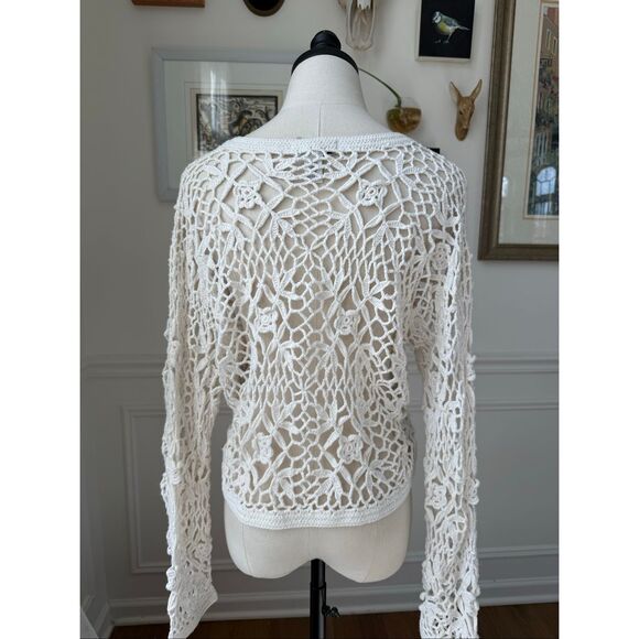 Vintage 90s Y2K One Step Up Ivory Open Knit Crochet Long Sleeve Crop Top OSFM - Picture 5 of 7